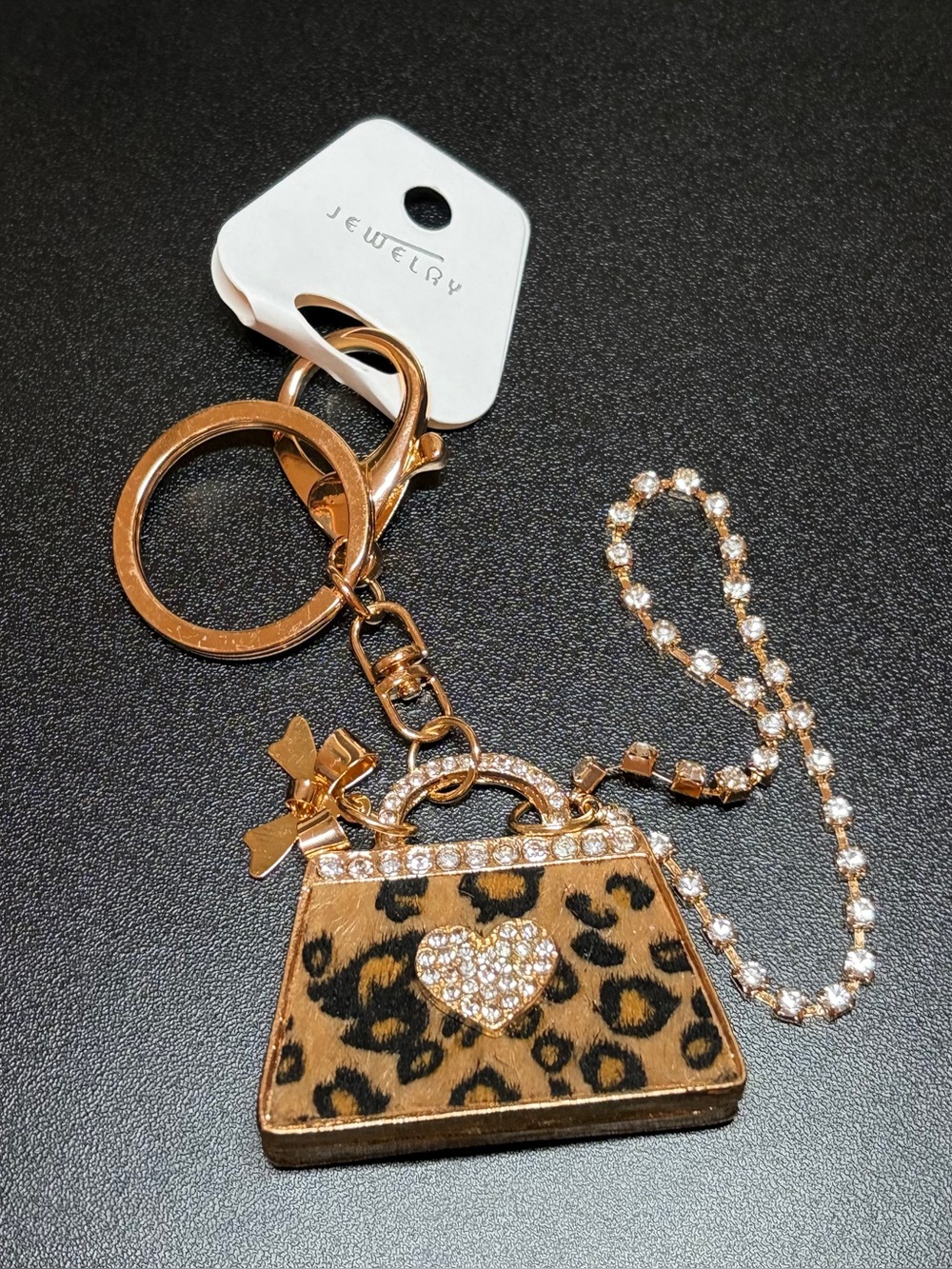 Leopard Print Purse Charm Keychain - Gold with Crystal Accents